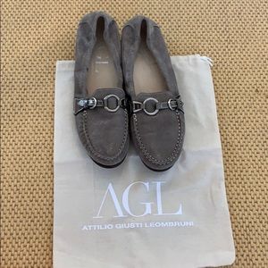Metallic silver suede AGL loafers. Size 38.5